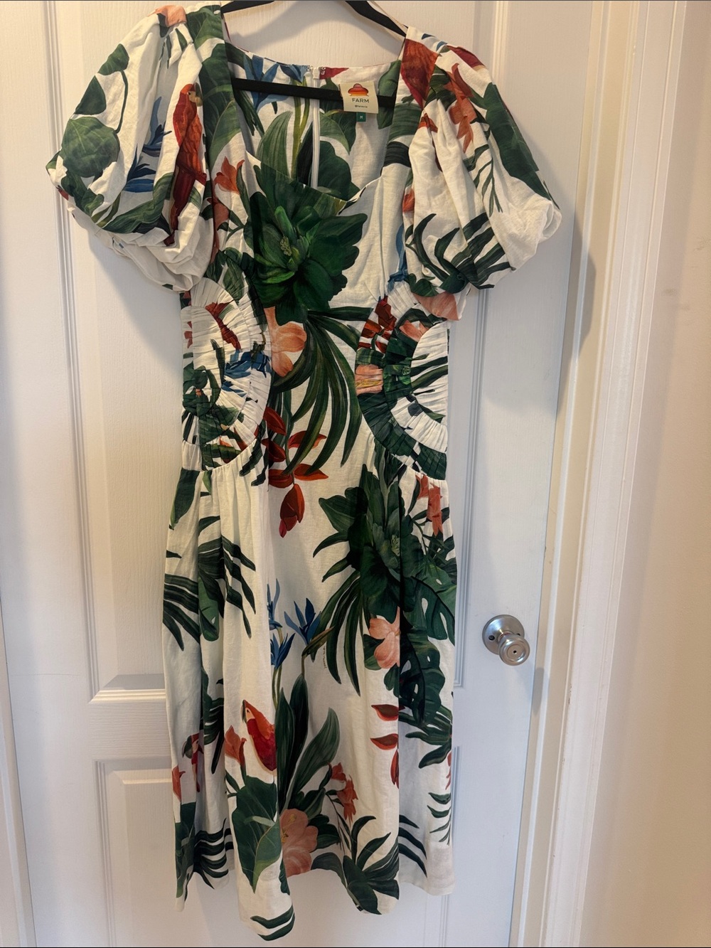 FARM Rio White Midi Dress with Green, Red and Pink Tropical Print